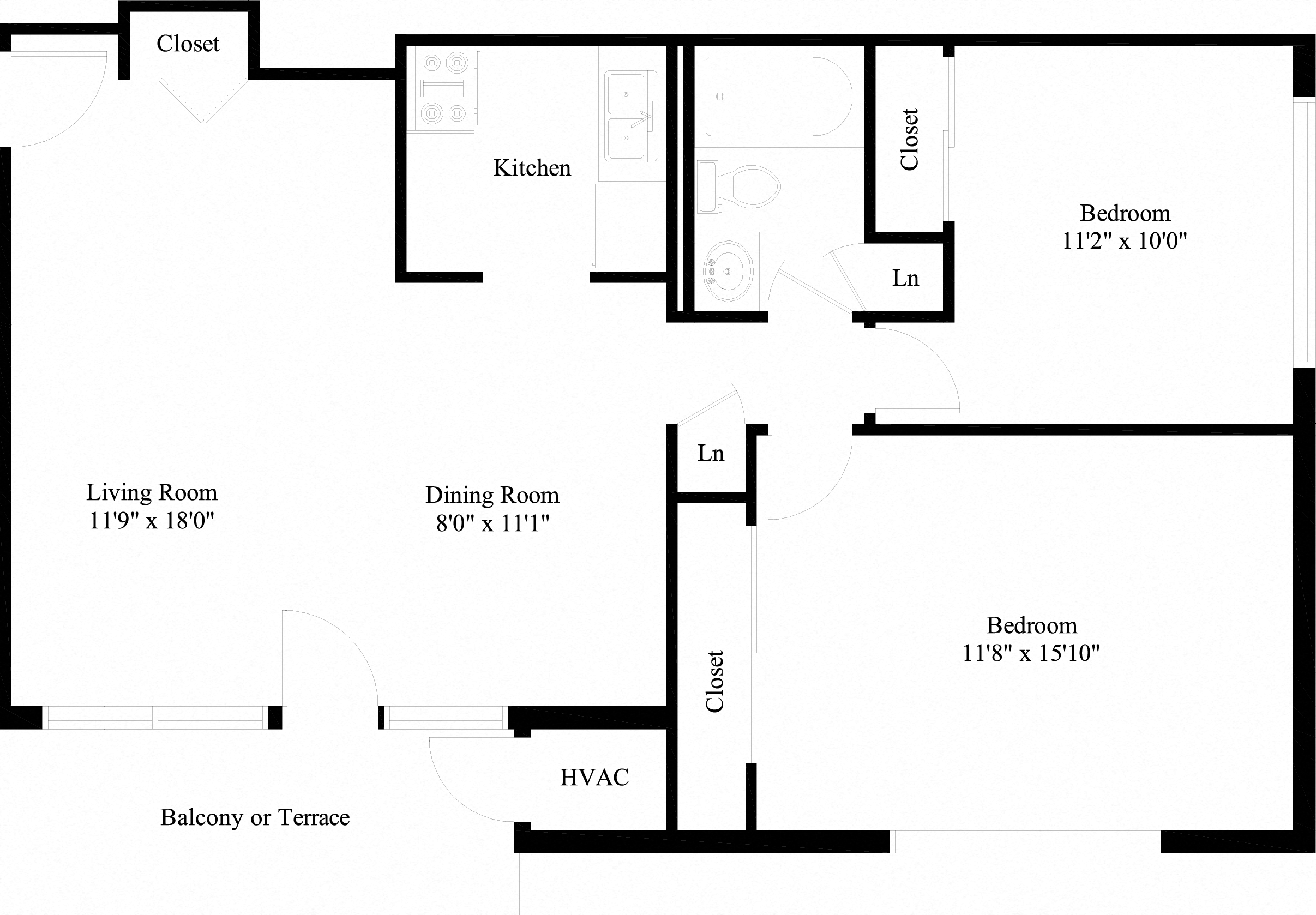Floor plan for 2 beds, 1 bath, 815 sqft